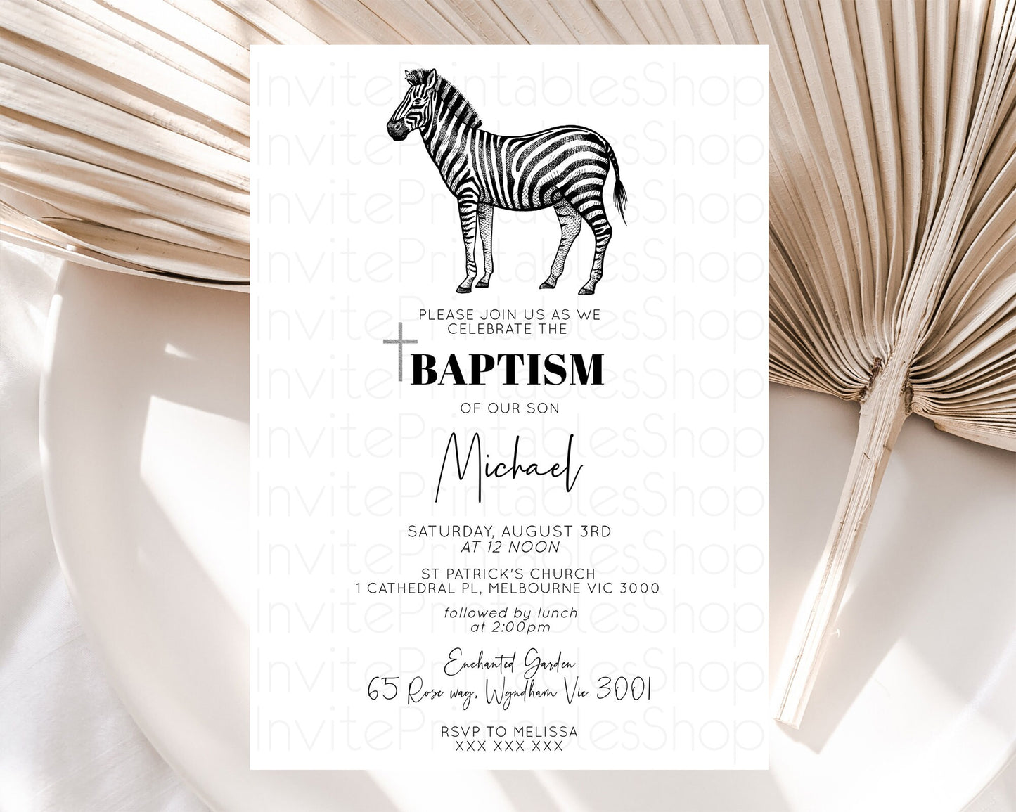 Zebra Baptism Invitation Zebra Baptism 1st Birthday Invitation Jungle Safari Christening Invite Watercolor Tropical Zoo Adventure D10249