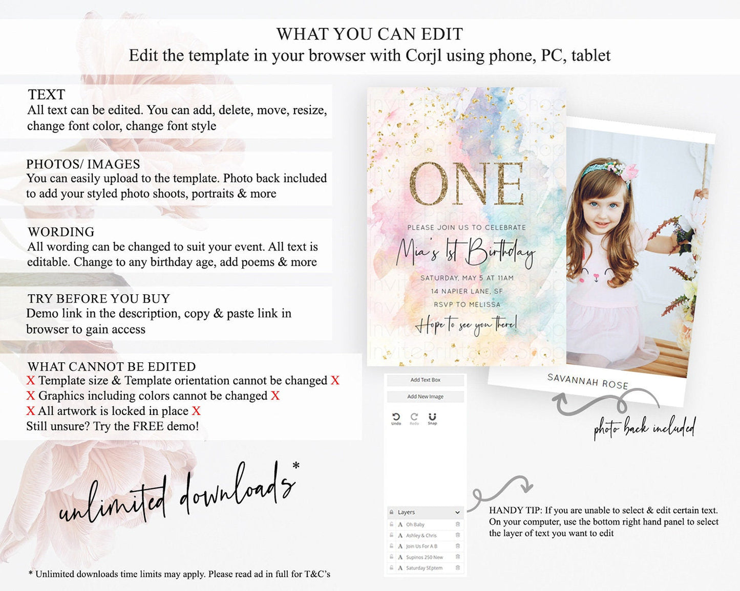 Rainbow Birthday Invitation Colorful Pastel Watercolor Invitation Gold Glitter Sprinkles Ombre Pastel 1st 2nd 3rd Birthday D10263