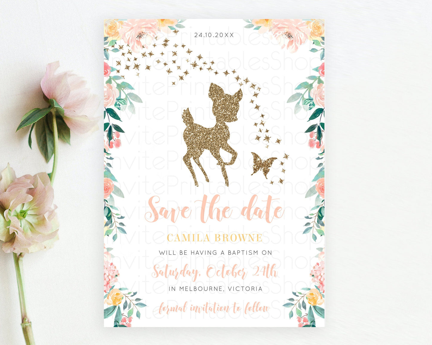 Fawn Deer Save The Date Template Pastel Floral Deer Enchanted Forest Butterfly Party 1st Birthday Baptism Baby Shower Bridal Shower D10874