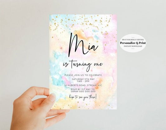 Rainbow Birthday Invitation Pastel Birthday Invitation Colorful Watercolor Invite Ombre Pastel Invite Gold Glitter Sprinkles Invite TC566