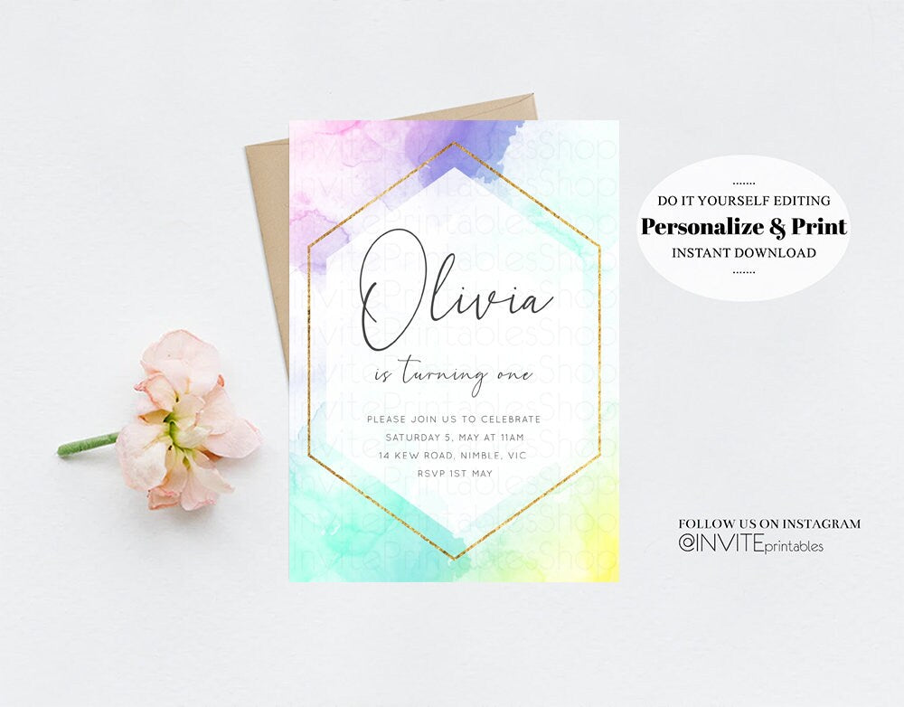 Pastel Rainbow Birthday Invitation Colorful Watercolor Splash Ombre Ink Paint Gold Foil Purple Pink Blue Custom Printable