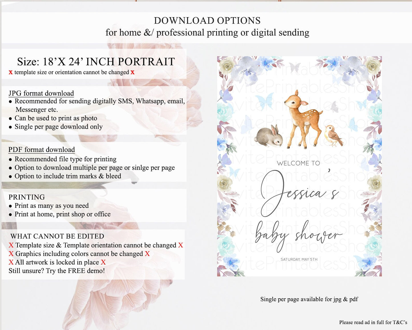 Fawn Baby Shower Welcome Sign Deer Welcome Board Floral Deer Welcome Poster Enchanted Forest Butterfly Pastel Floral Welcome Sign D10929