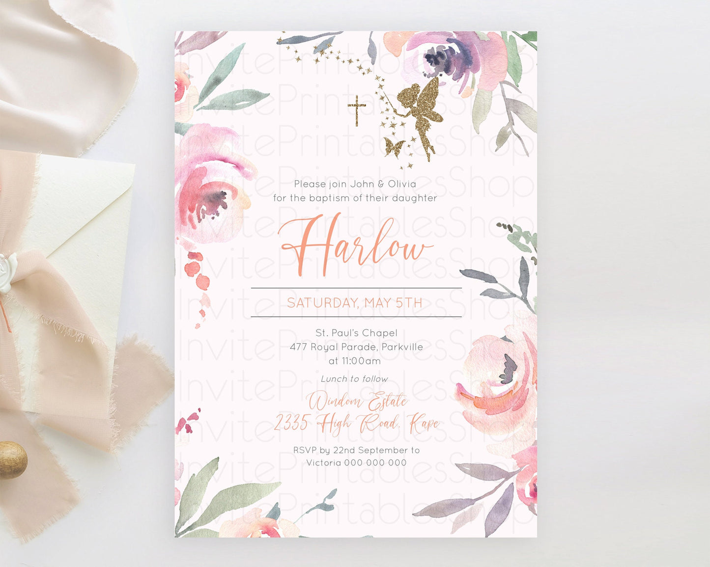 Fairy Baptism Invitation Fairy Baptism 1st Birthday Invitation Enchanted Secret Garden Christening Invite Pastel Floral Butterfly D10197