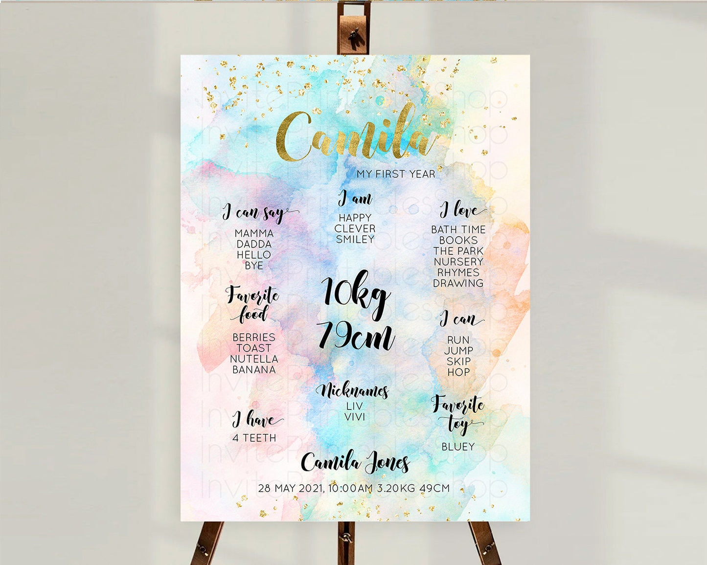 Pastel First Birthday Milestone Board Pastel Rainbow Milestone Poster Colorful Confetti Watercolor Glitter 1st Birthday Welcome Sign D10272