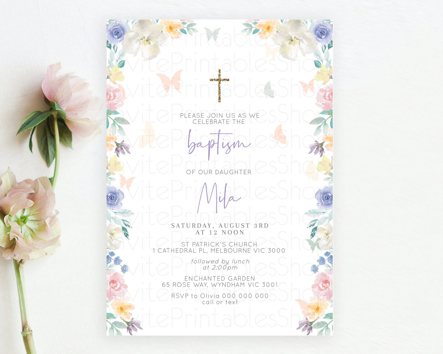 Secret Garden Baptism Invitation Wildflower Baptism Birthday Invite Pastel Flowers Christening Invite Enchanted Garden Boho Floral  D10710