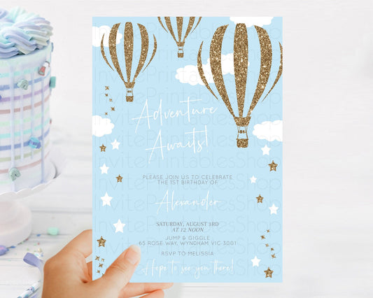 Hot Air Balloon Birthday Invitation Hot Air Balloon Invites Adventure Awaits Up Up & Away Glitter Blue Watercolor 1st Birthday Boy D10332