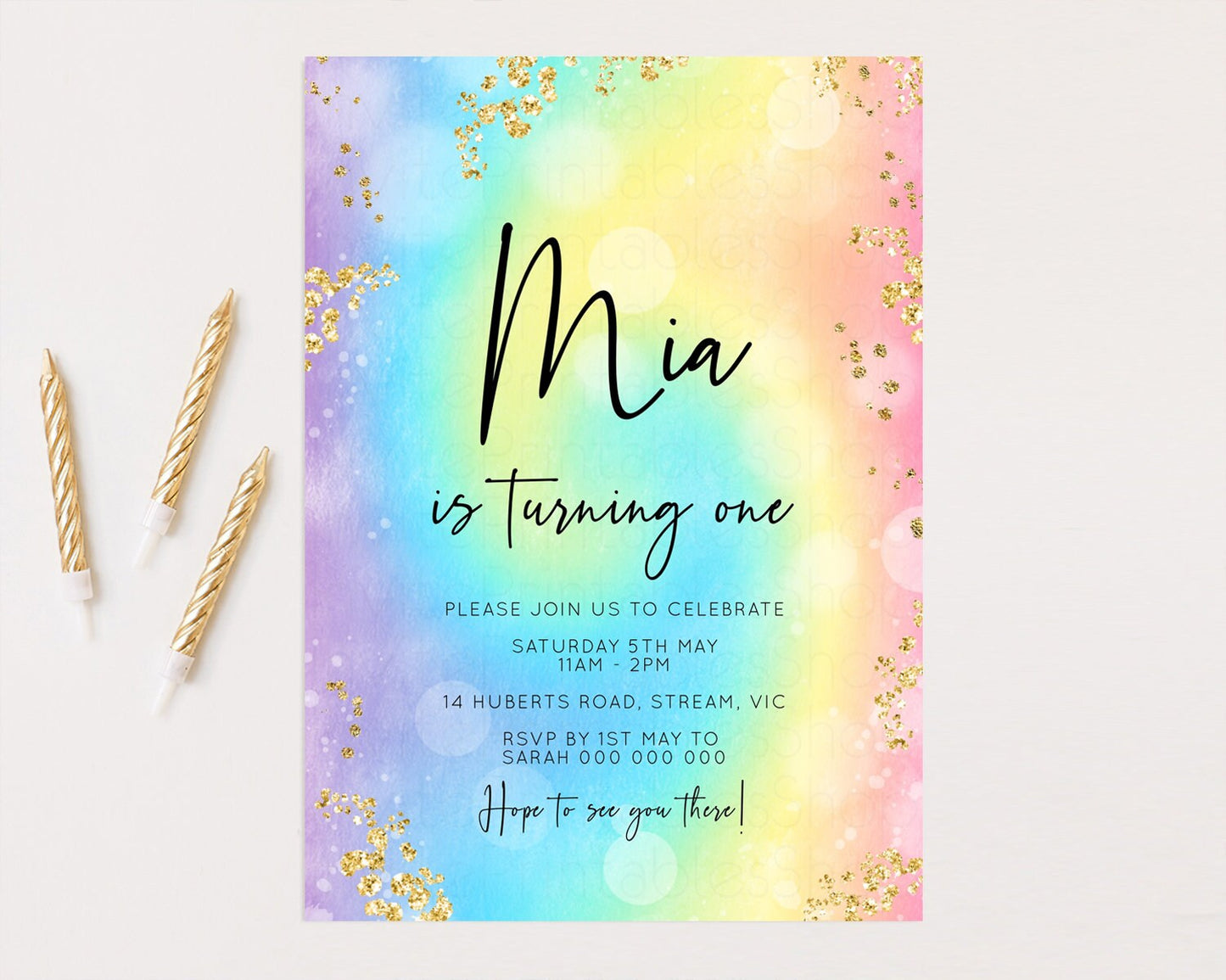 Rainbow Birthday Invitation Glitter Pastel Invitation Colorful Watercolor Gold Foil Splatter Sprinkles Ombre Glitter Invite 1st 2nd 3rd t571