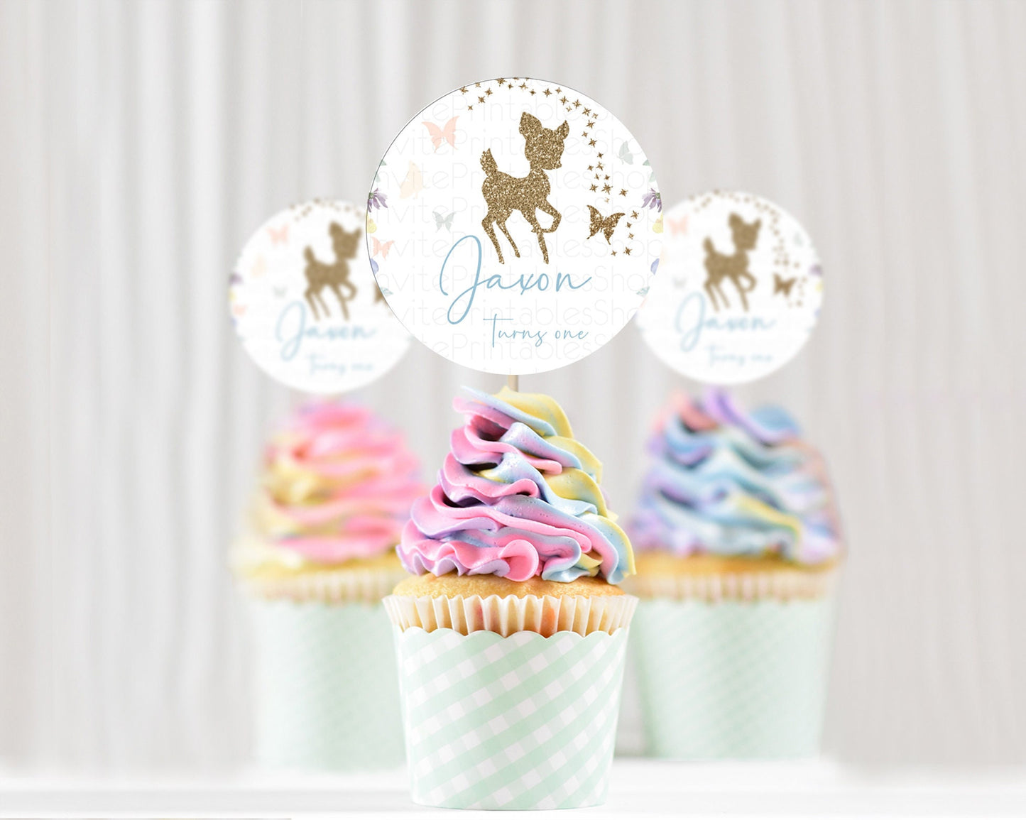 Fawn Cupcake Toppers Deer Cupcake Toppers Enchanted Forest Party Butterfly Pastel Flowers Woofland Cupcake Toppers First Birthday D10878