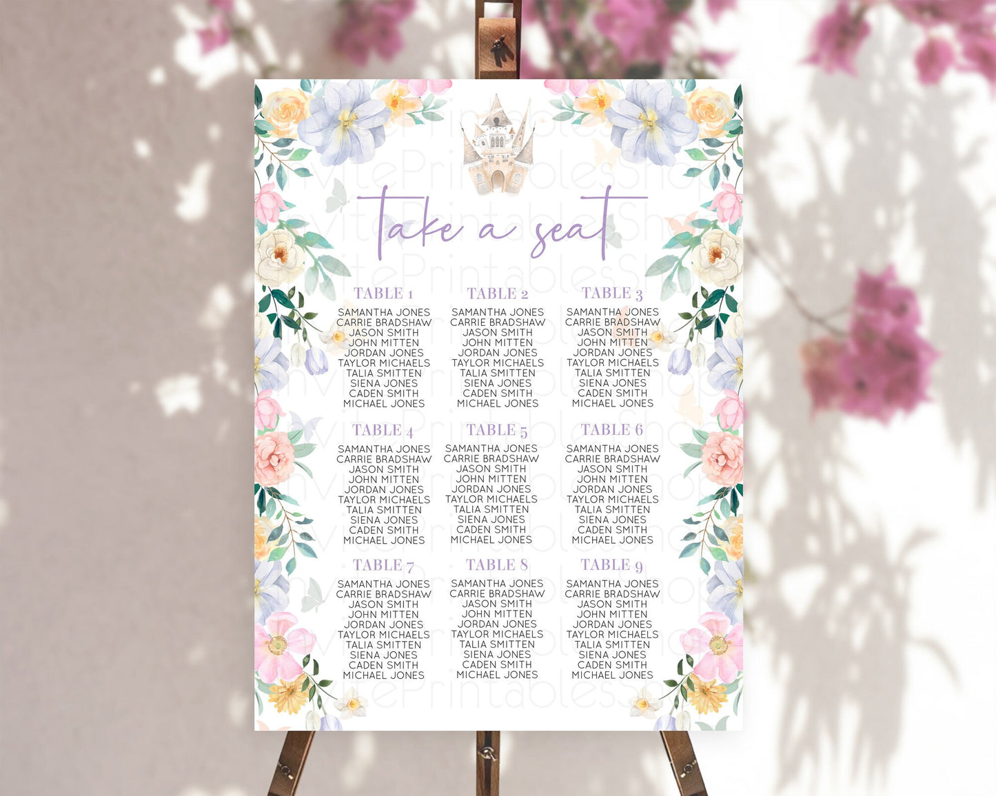 Princess Seating Chart Castle Seating Chart Royal Princess Décor Fairy Tale Enchanted Castle Pastel Floral Garden Table Number Sign D10473