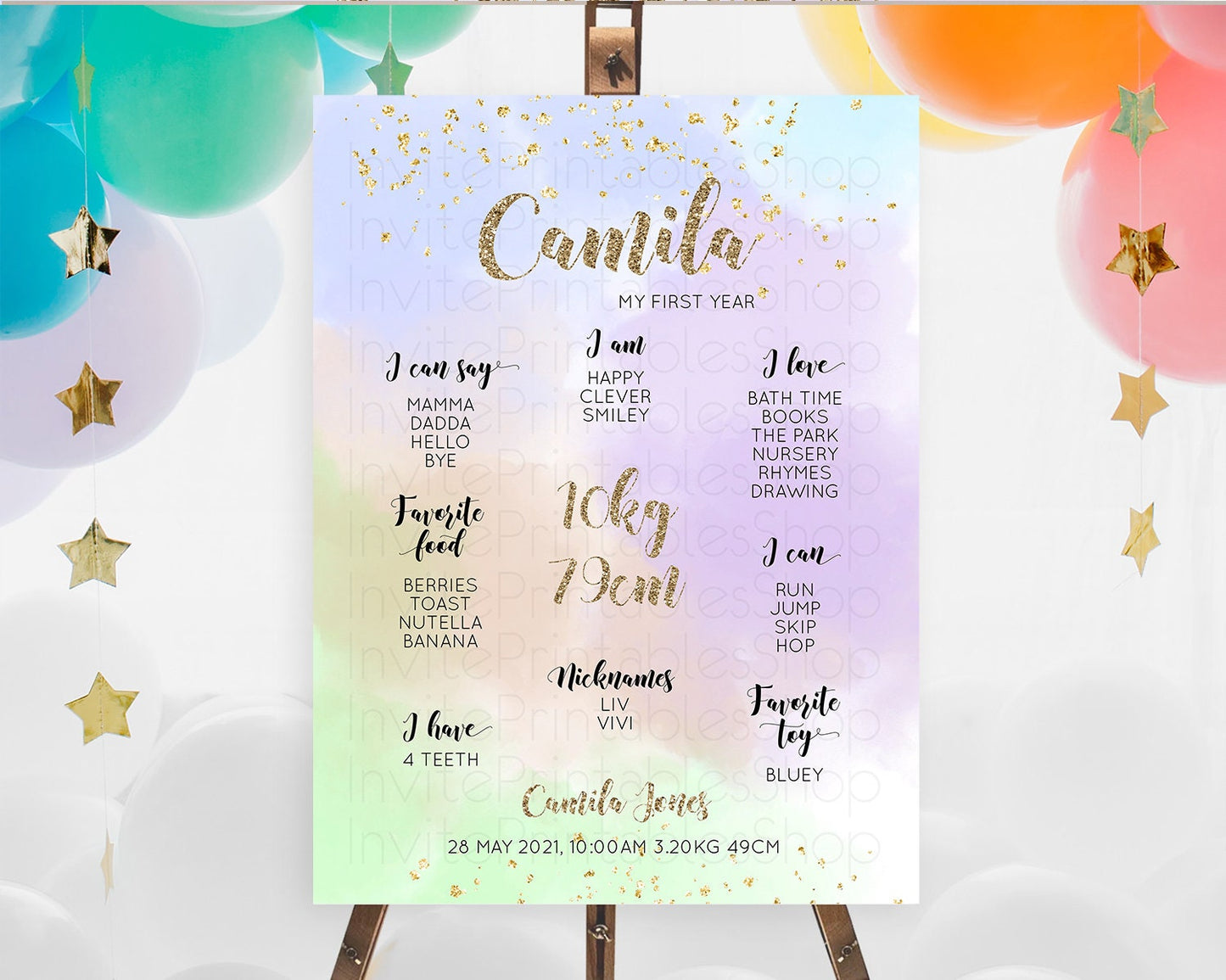 Pastel First Birthday Milestone Board Pastel Rainbow Milestone Poster Colorful Confetti Watercolor Glitter 1st Birthday Welcome Sign D10372
