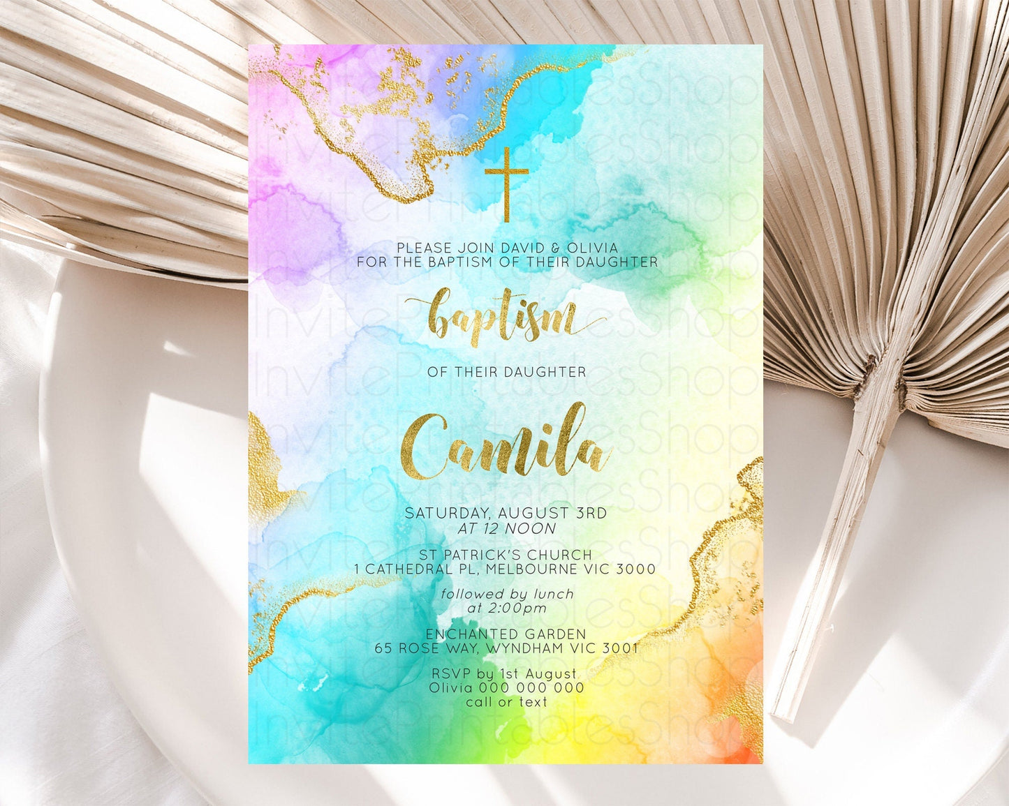 Pastel Baptism Invitation Pastel Colors Watercolor Baptism 1st Birthday Party Gold Ombre Pastel Rainbow Christening Holy Communion D10392