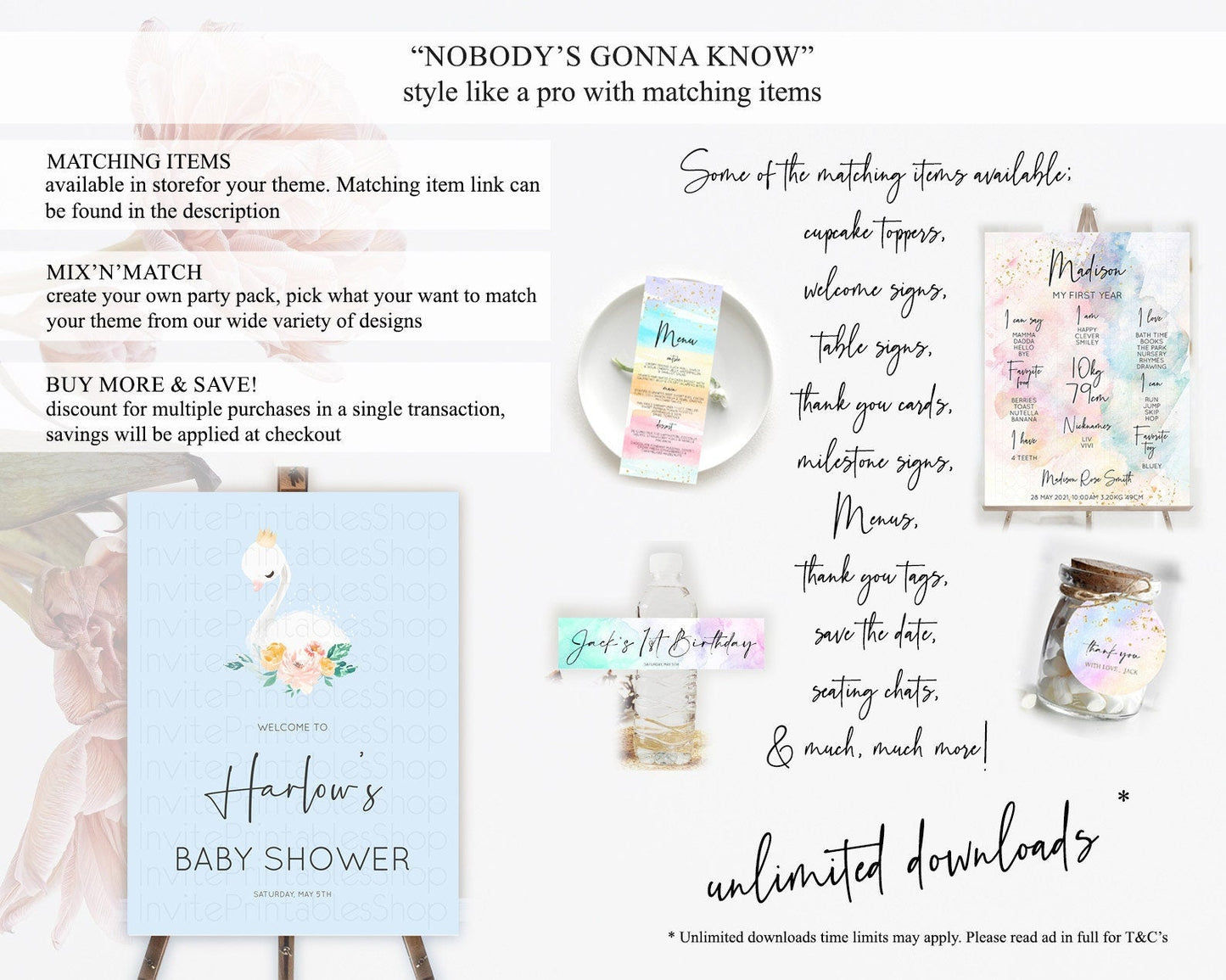 Swan Baby Shower Welcome Board Swan Princess Ballet Welcome Sign Enchanted Swan Lake Secret Garden Pastel Floral Swan Welcome Sign D10903
