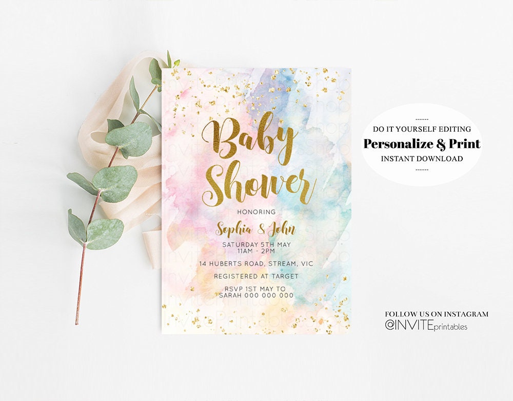 Rainbow Baby Shower Invitation Watercolor Pastel Invitation Colorful Splash Baby Shower Invite Gold Glitter Sprinkles Ombre 276