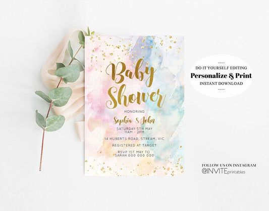 Rainbow Baby Shower Invitation Watercolor Pastel Invitation Colorful Splash Baby Shower Invite Gold Glitter Sprinkles Ombre 276