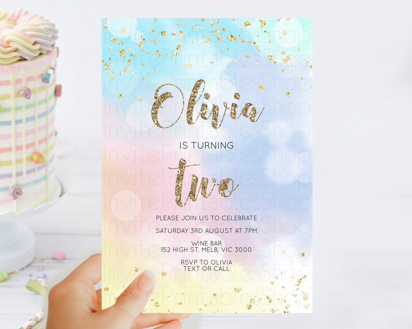 Rainbow Birthday Invitation Colorful Pastel Watercolor Invitation Gold Glitter Sprinkles Ombre Pastel 1st 2nd 3rd Birthday D10367