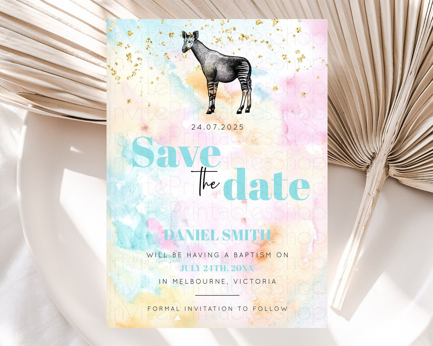Pastel Okapi Save The Date Template Rainbow Watercolor Okapi Party Save The Date Colorful Okapi Theme Birthday Baptism Baby Shower D10282