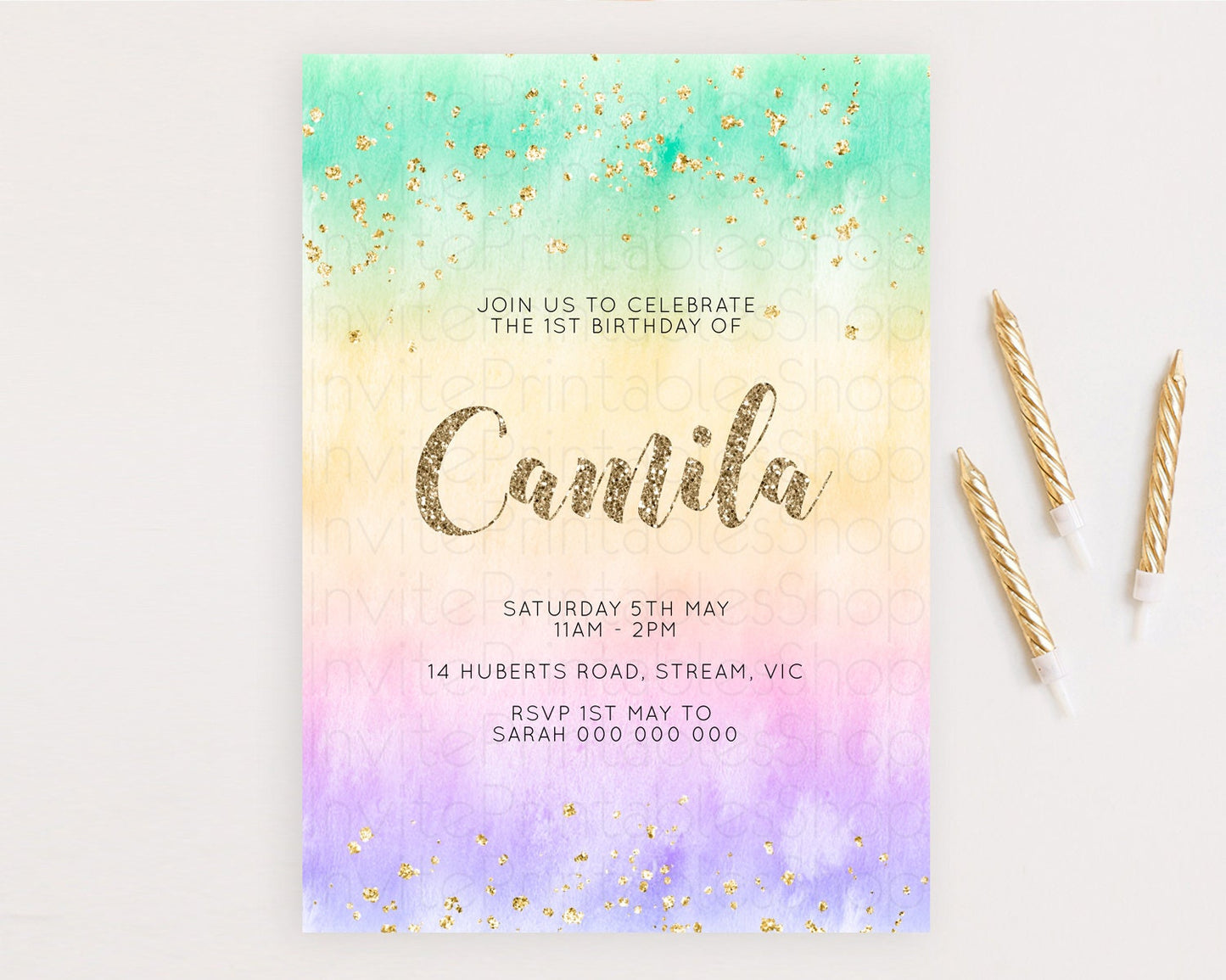 Rainbow Birthday Invitation Colorful Pastel Watercolor Invitation Gold Glitter Sprinkles Ombre Pastel 1st 2nd 3rd Birthday D10478