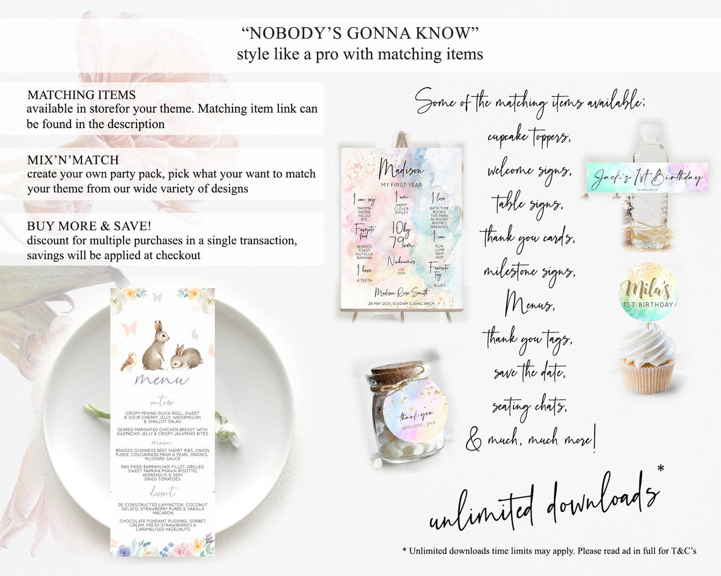 Bunny Menu Floral Bunny Menu Template Pastel Flowers Bunny Table Decor Secret Garden Bunny Dinner Dessert Menu Party Food Menu D10928