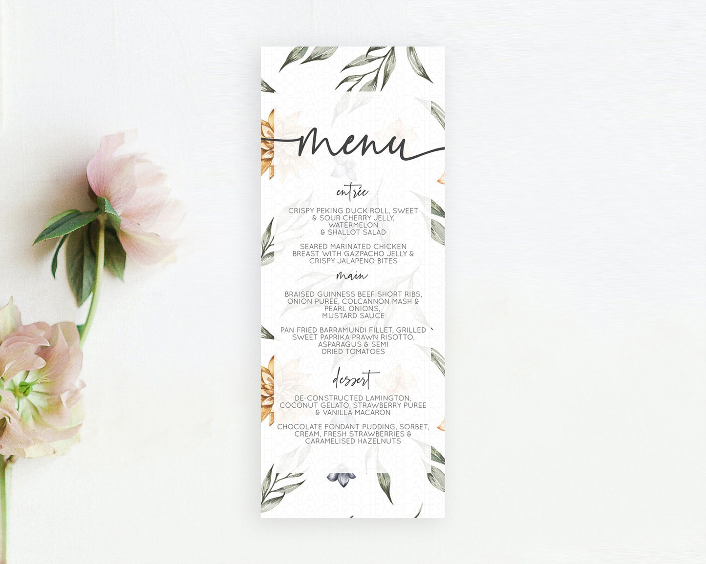 Leafy Menu Green Leaf Menu Template Eucalyptus Fern Leaves Decor Watercolor Boho Garden Leaf Branch Dinner Dessert Party Food Menu D10544