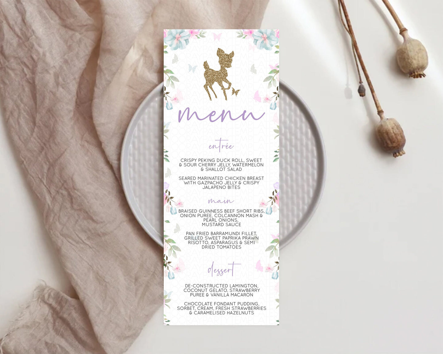 Fawn Menu Deer Menu Template Pastel Floral Deer Table Decor Enchanted Forest Butterfly Floral Dinner Dessert Menu Party Food Menu D10476