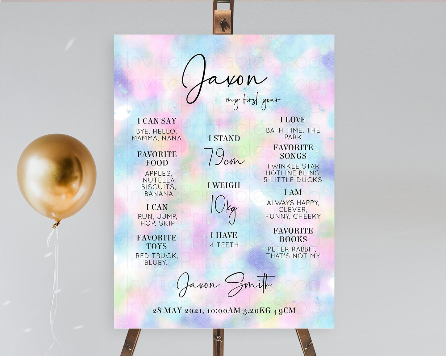 Pastel First Birthday Milestone Board Pastel Rainbow Milestone Poster Colorful Confetti Watercolor Glitter 1st Birthday Welcome Sign D10694