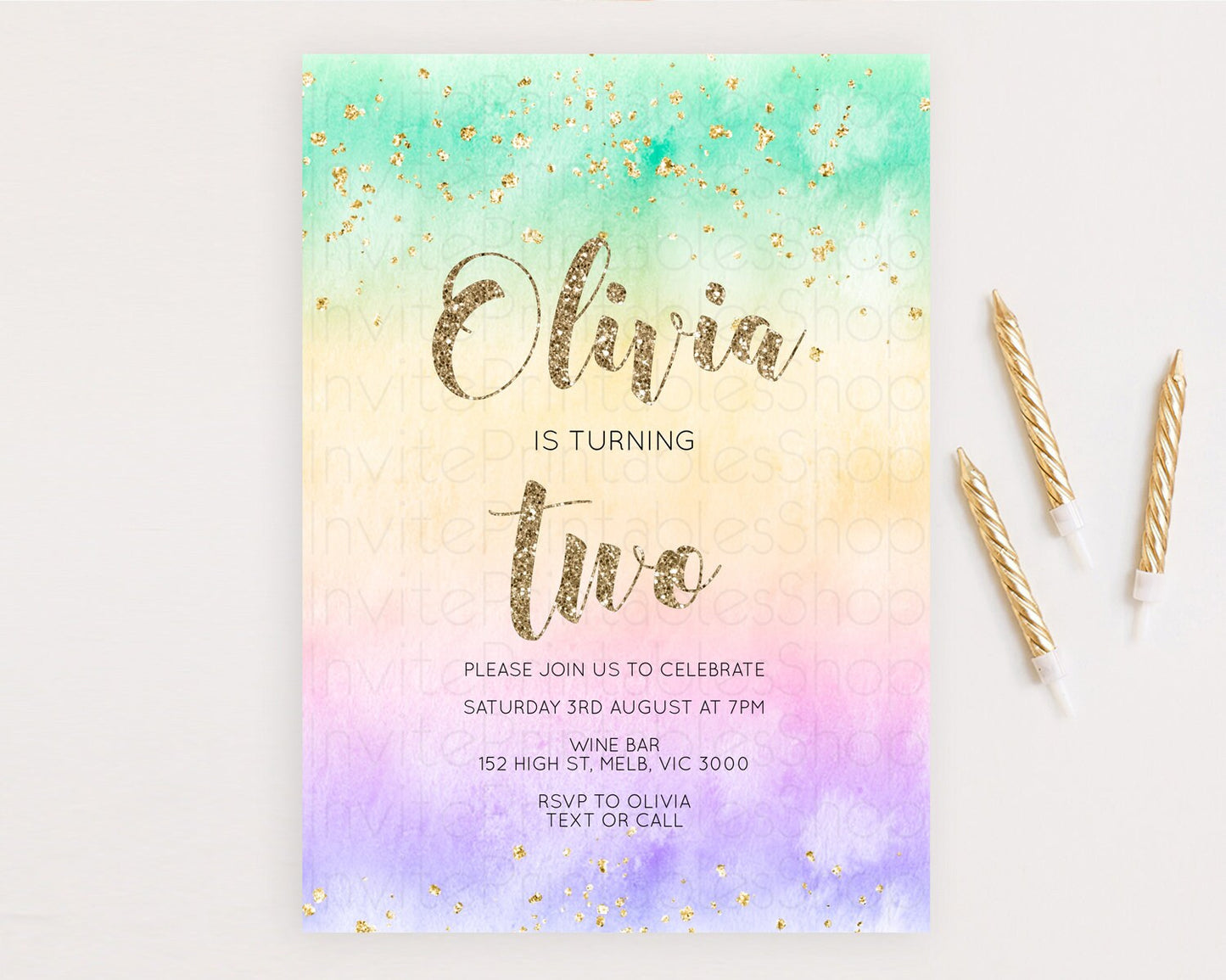 Rainbow Birthday Invitation Colorful Pastel Watercolor Invitation Gold Glitter Sprinkles Ombre Pastel 1st 2nd 3rd Birthday D10478