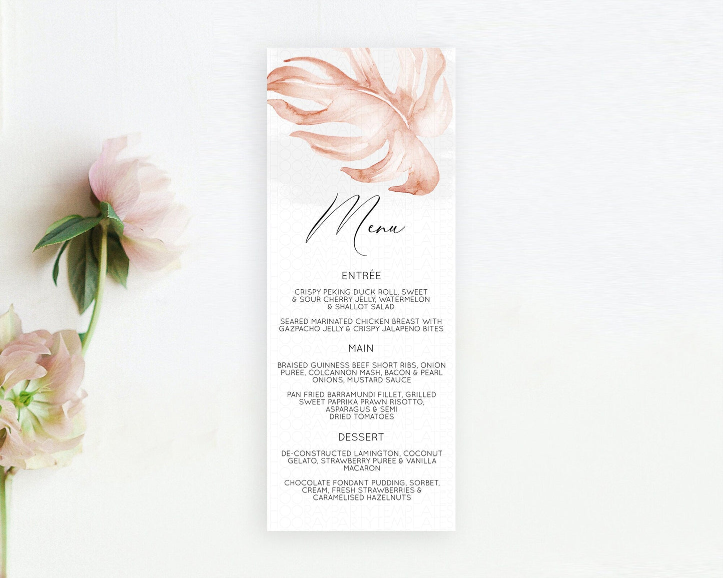 Tropical Menu Template Tropical Menu Palm Leaf Fern Table Decor Frangipani Floral White Orchid Dinner Dessert Menu Party Food Menu D11044