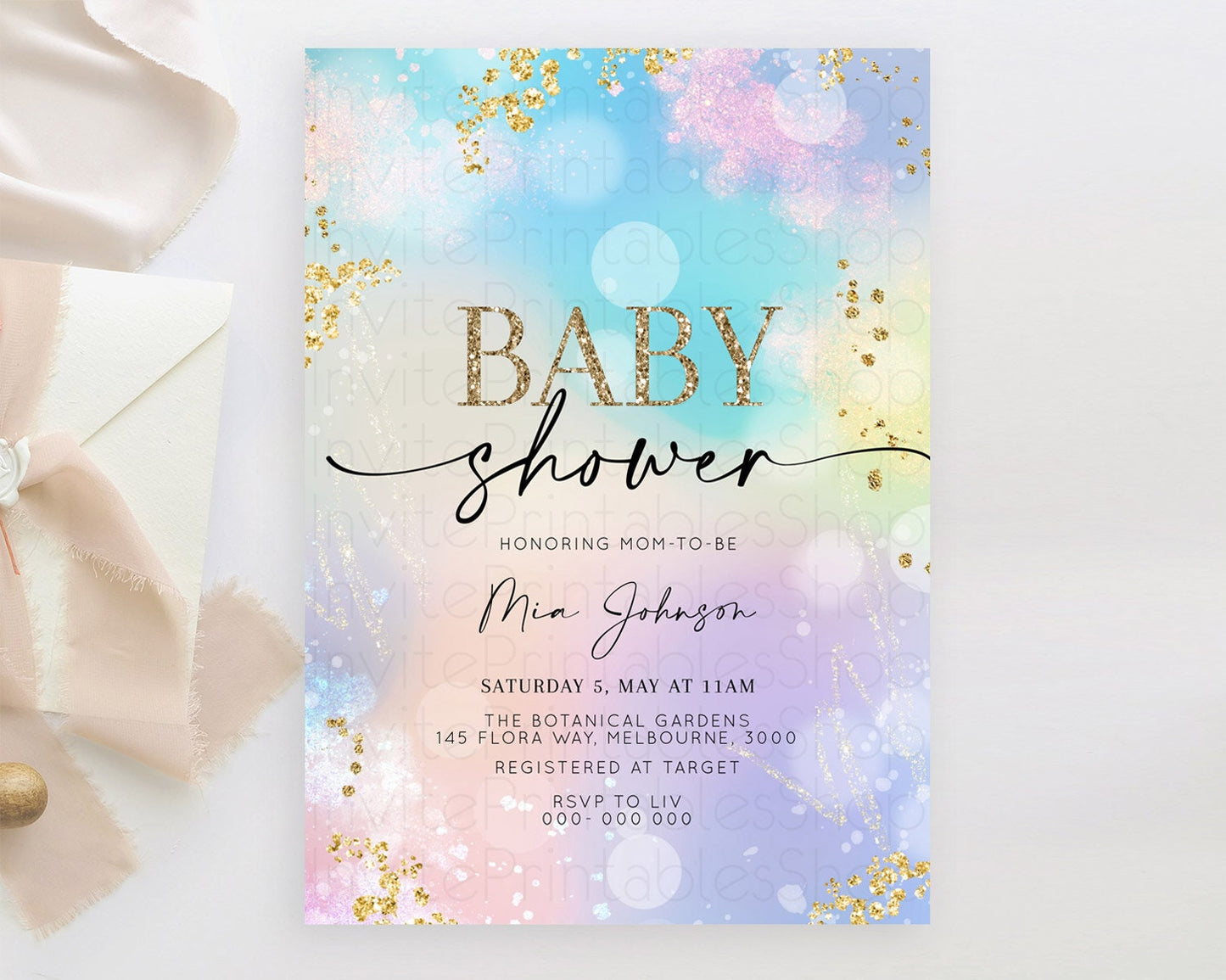 Pastel Rainbow Baby Shower Invitation, Pastel Watercolor with Iridescent Confetti Glitter Sprinkles - Colorful Blue, Purple, Yellow D10675