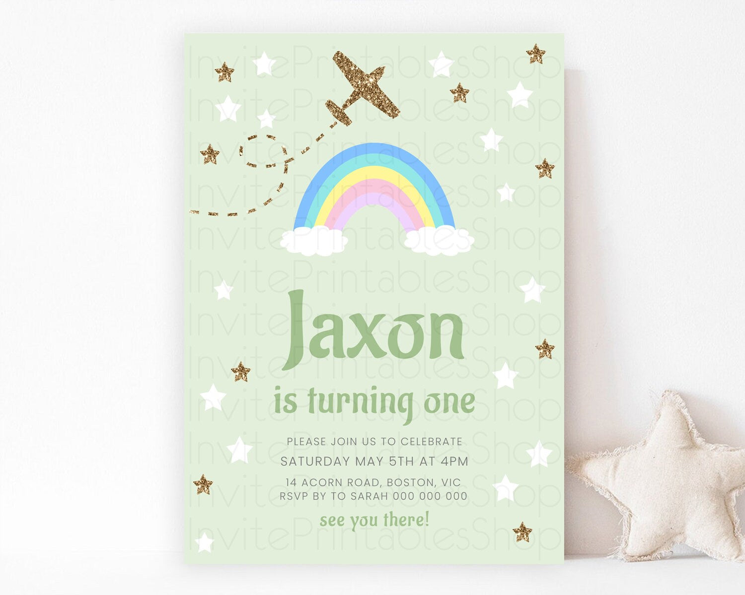 Editable Plane Birthday Invitation Plane Invite Pastel Rainbow Clouds Stars
