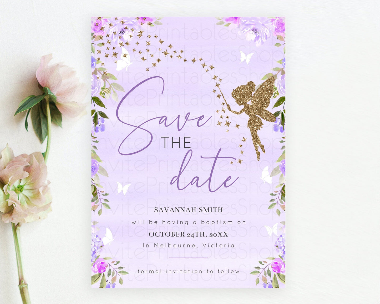 Fairy Save The Date Template Enchanted Garden Pastel Floral Butterfly Party Secret Garden Birthday Baptism Baby Shower Bridal Shower D10910