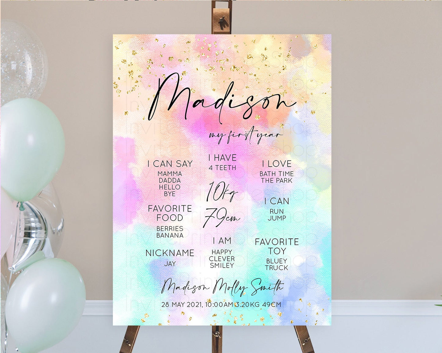 Pastel First Birthday Milestone Board Pastel Rainbow Milestone Poster Colorful Confetti Watercolor Glitter 1st Birthday Welcome Sign D10667