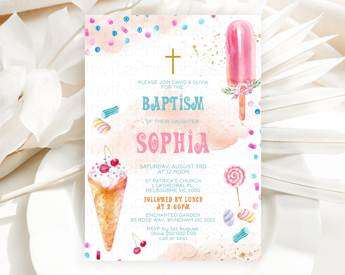 Ice Cream Baptism Invitation Sweet One 1st Birthday Baptism Invitation Pastel Heres The Scoop Christening Invite Two Sweet One Theme D10554