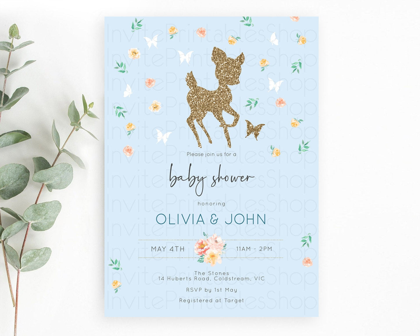 Fawn Baby Shower Invitation: Enchanted Forest, Glitter, Deer, Butterfly, Pastel Flower - Whimsical Woodland Blue, Pink, Orange, Green D10902