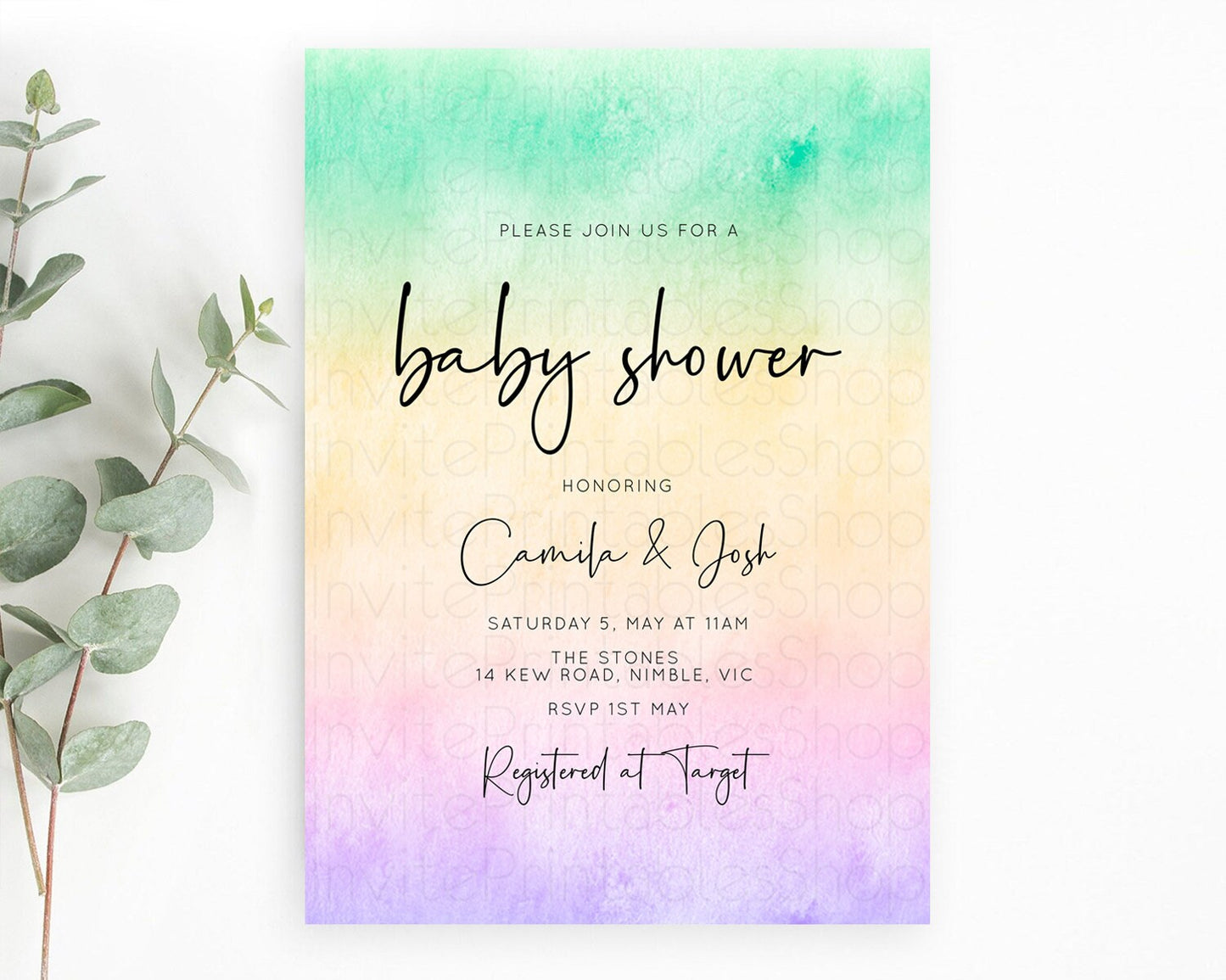 Pastel Baby Shower Invitation Rainbow Baby Shower Invitation Colorful Pastel Watercolor Invitation Gold Glitter Sprinkles Ombre D10481