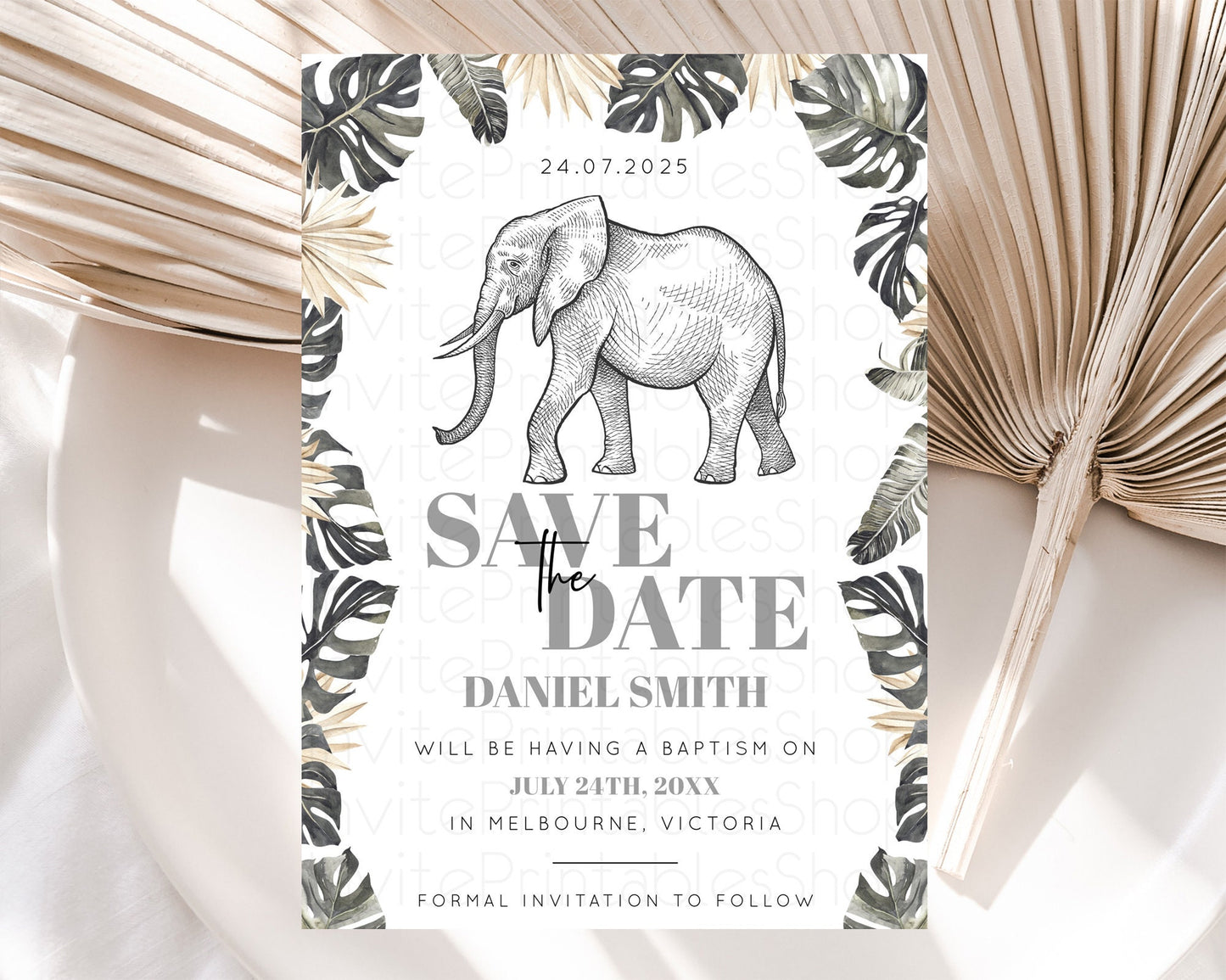 Elephant Save The Date Template Elephant Safari Adventure Party Dried Palm Fern Zoo 1st Birthday Baptism Baby Shower Bridal Shower D10806