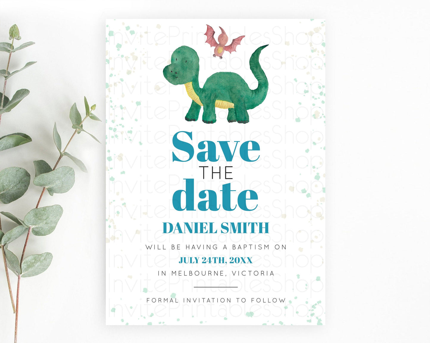 Dinosaur Save The Date Template Dinosaur Volcano Watercolor Volcano T-Rex Raptor Jurassic Party 1st Birthday Baptism Baby Shower D10153