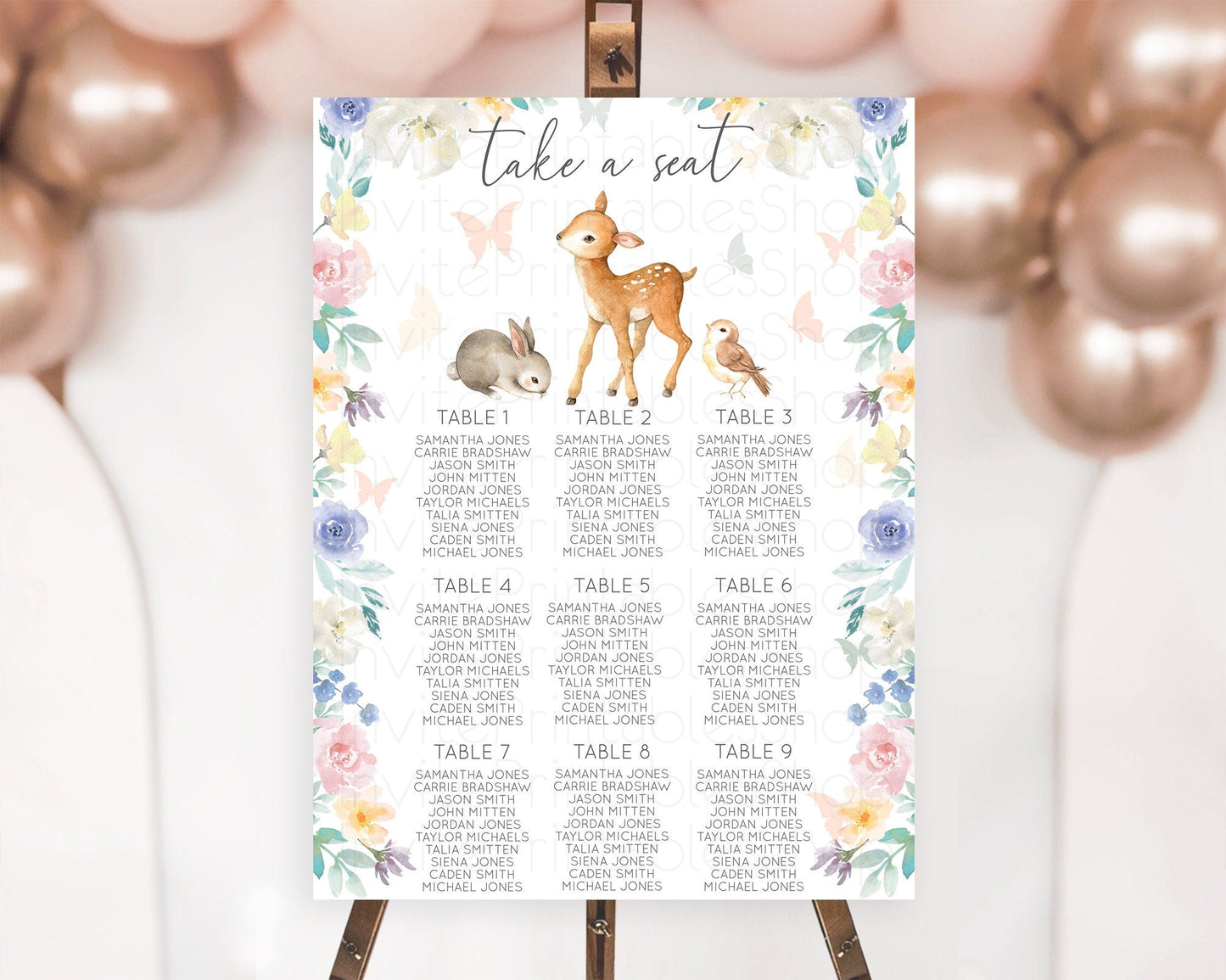 Fawn Seating Chart Deer Seating Chart Enchanted Forest Party Butterfly Pastel Flowers Whimsical Seating Chart Woodland Seating Sign D10930