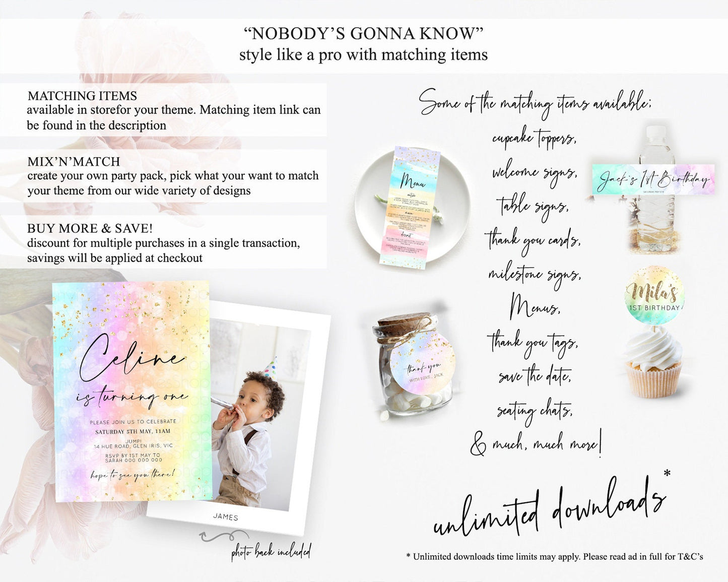 Rainbow Birthday Invitation Colorful Pastel Watercolor Invitation Gold Glitter Sprinkles Ombre Pastel 1st 2nd 3rd Birthday D10647