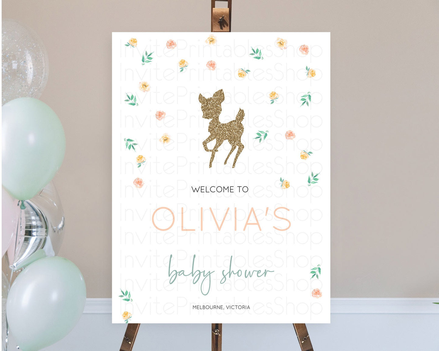 Fawn Baby Shower Welcome Sign Deer Welcome Board Floral Deer Welcome Poster Enchanted Forest Butterfly Pastel Floral Welcome Sign D10355