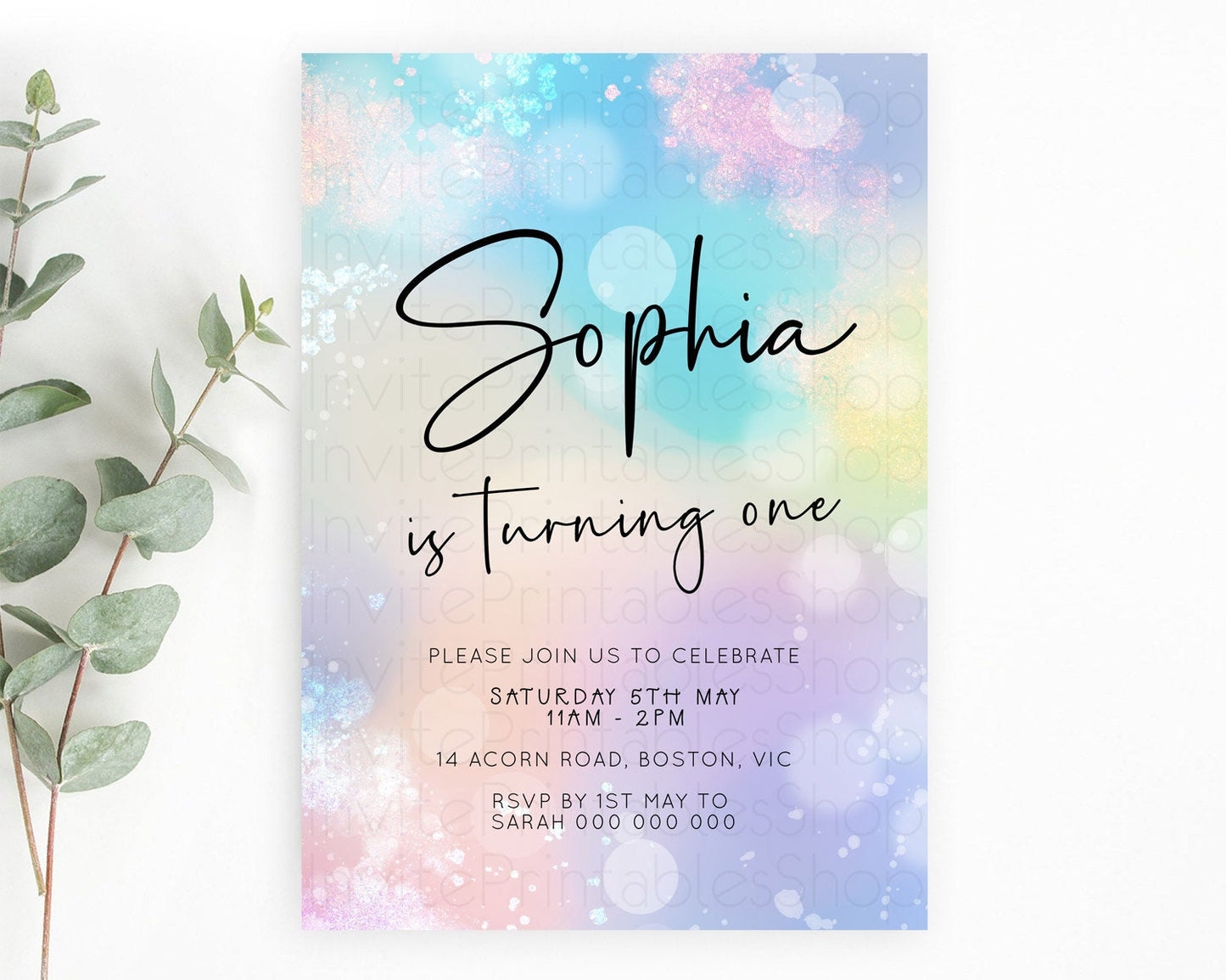 Pastel Birthday Invitation Ombre Watercolor Birthday Invitation Glitter Rainbow Color Splash 1st 2nd 3rd Birthday Invitation D23111