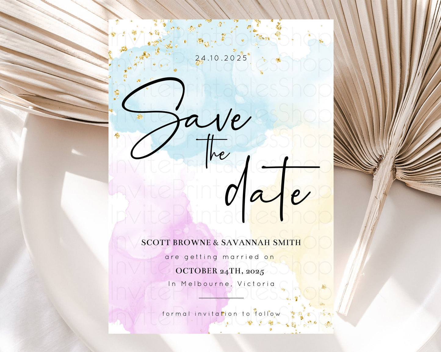 Pastel Save The Date Template Pastel Ombre Rainbow Watercolor Colorful Party For Birthday Baptism Baby Shower Wedding Bridal Shower D10155