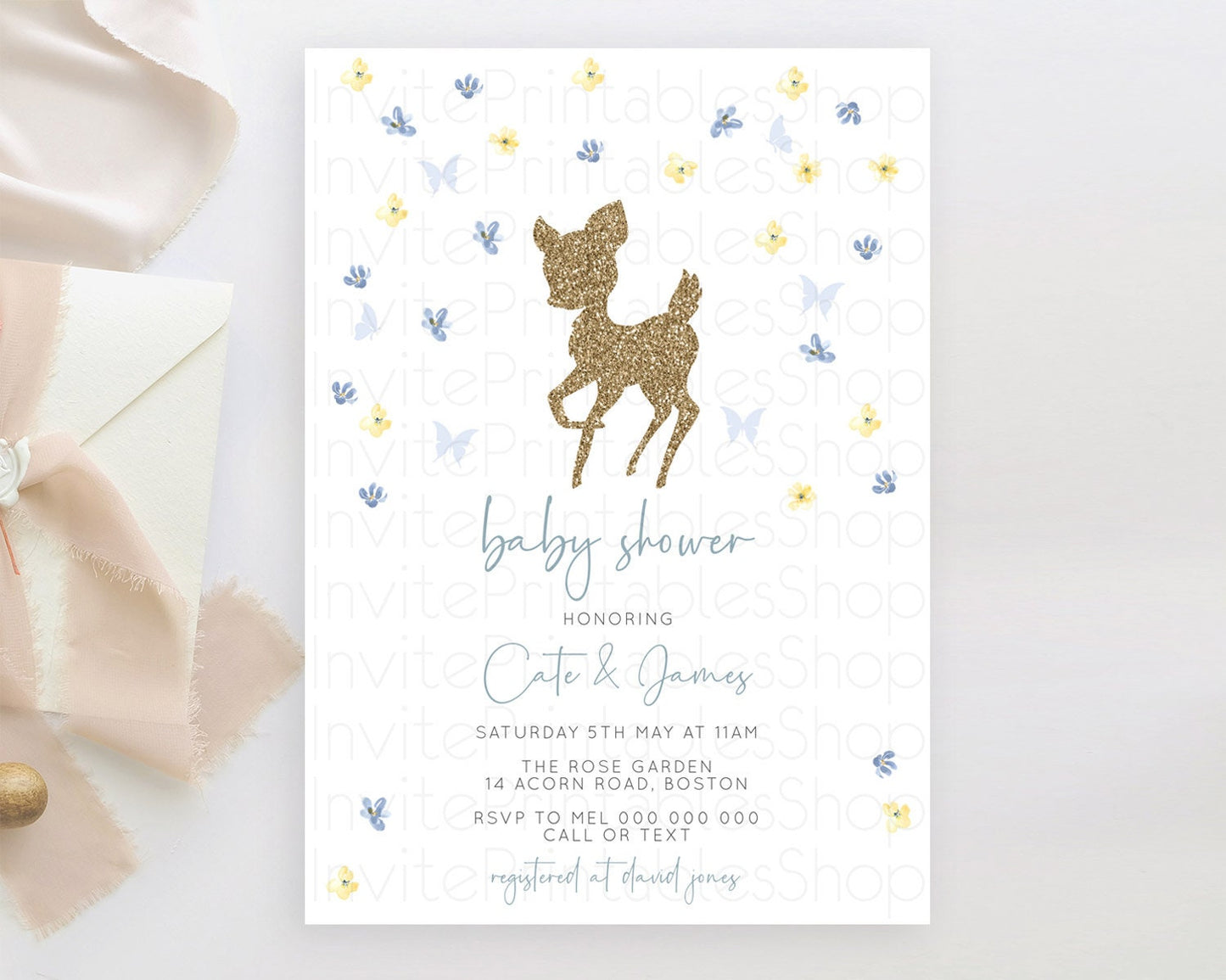 Fawn Baby Shower Invitation Deer Baby Shower Invites Enchanted Forest Theme Butterfly Pastel Flowers Whimsical Baby Shower D10864