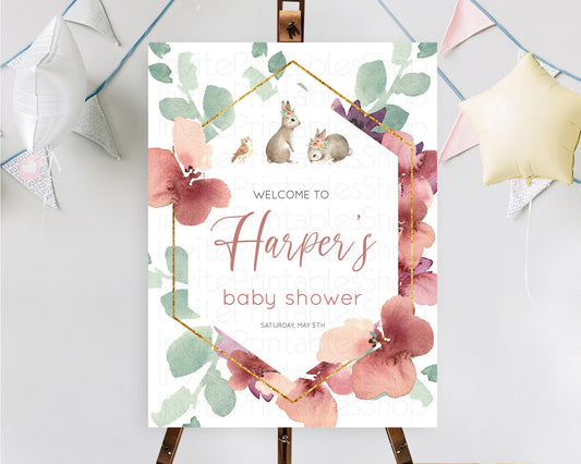 Editable Bunny Baby Shower Welcome Sign Floral Bunny Welcome Board Pastel Fl