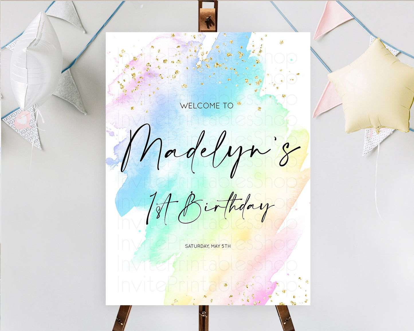 Pastel Welcome Sign Pastel Rainbow Welcome Sign Colorful Rainbow Confetti Watercolor Glitter Pastel First Birthday Welcome Sign D10640