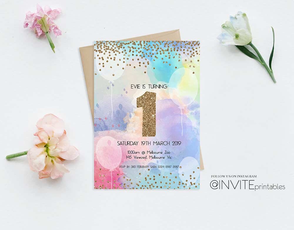 Rainbow Birthday Invitations,  watercolor invites, rainbow invitation, balloon invite, Glitter invitation custom printable, pastel invites