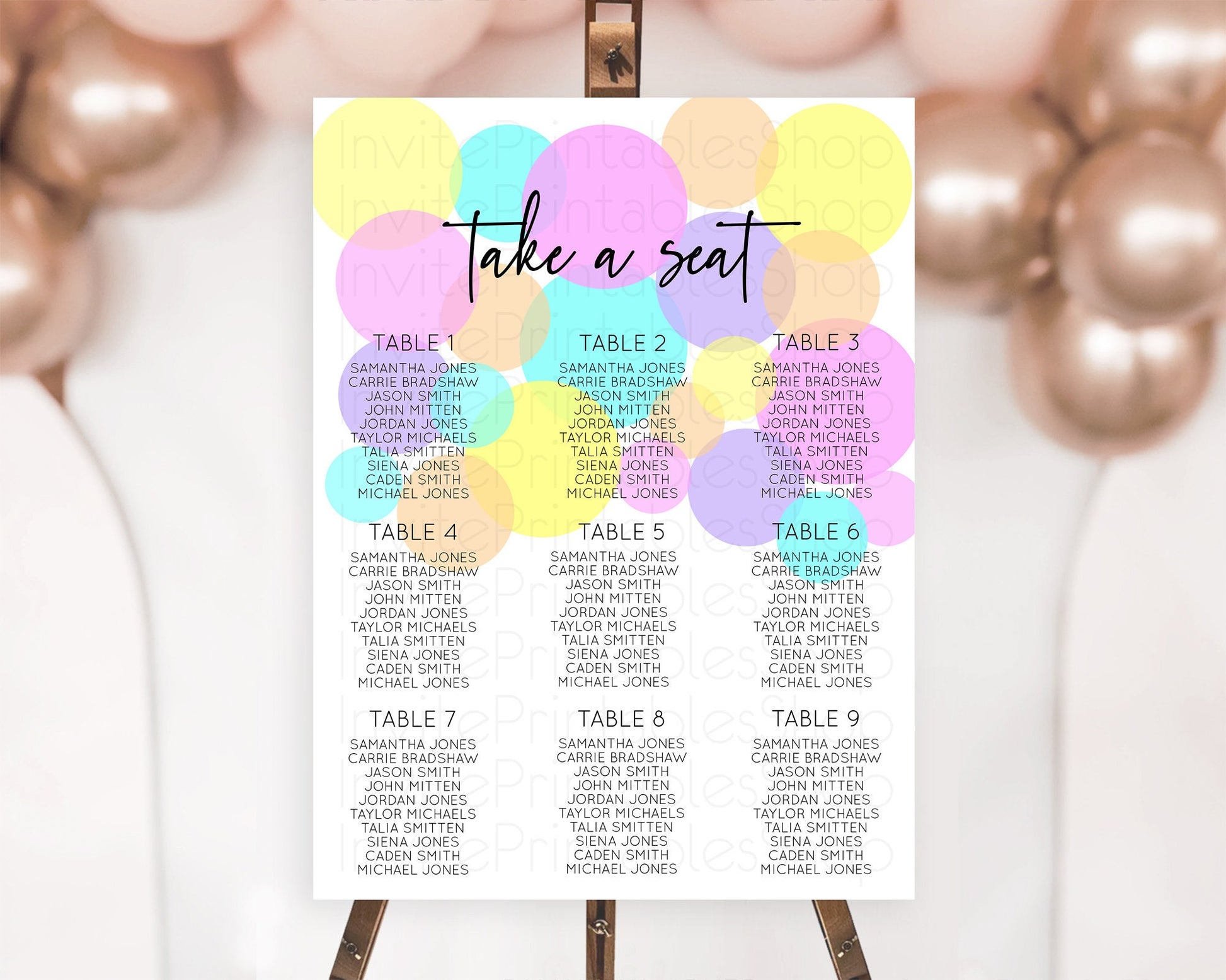 Editable Pastel Seating Chart Pastel Confetti Seating Chart Bubbles Sprinkle