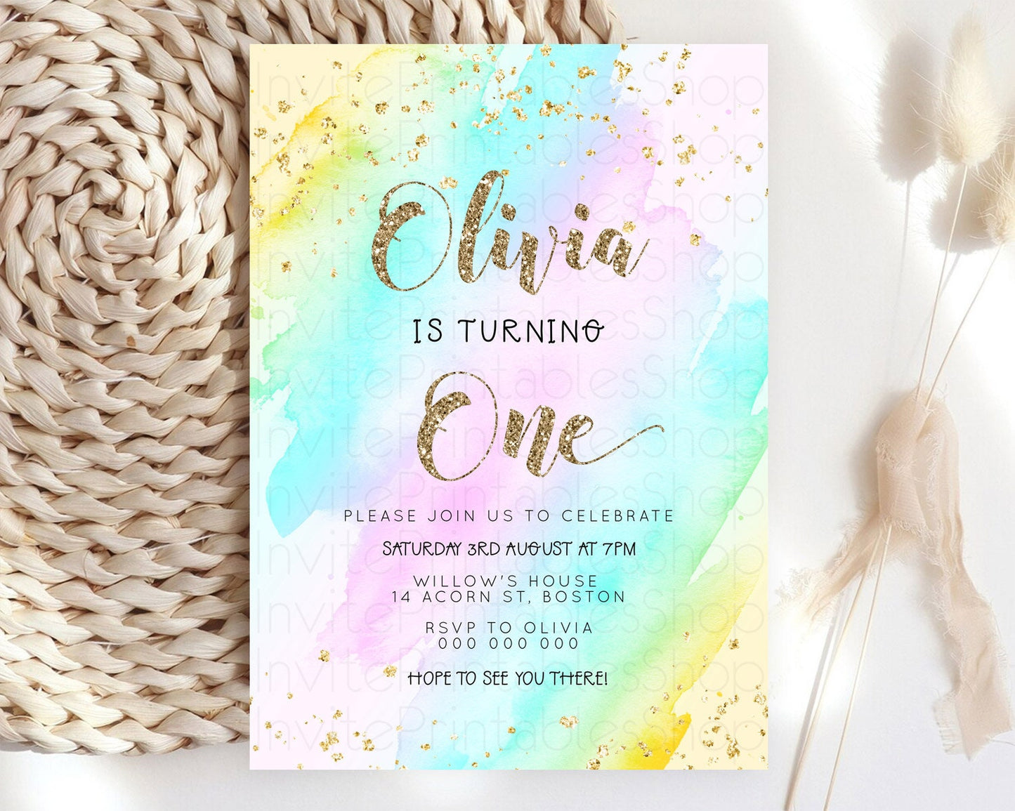 Rainbow Birthday Invitation Colorful Pastel Watercolor Invitation Gold Glitter Sprinkles Ombre Pastel 1st 2nd 3rd Birthday D23285