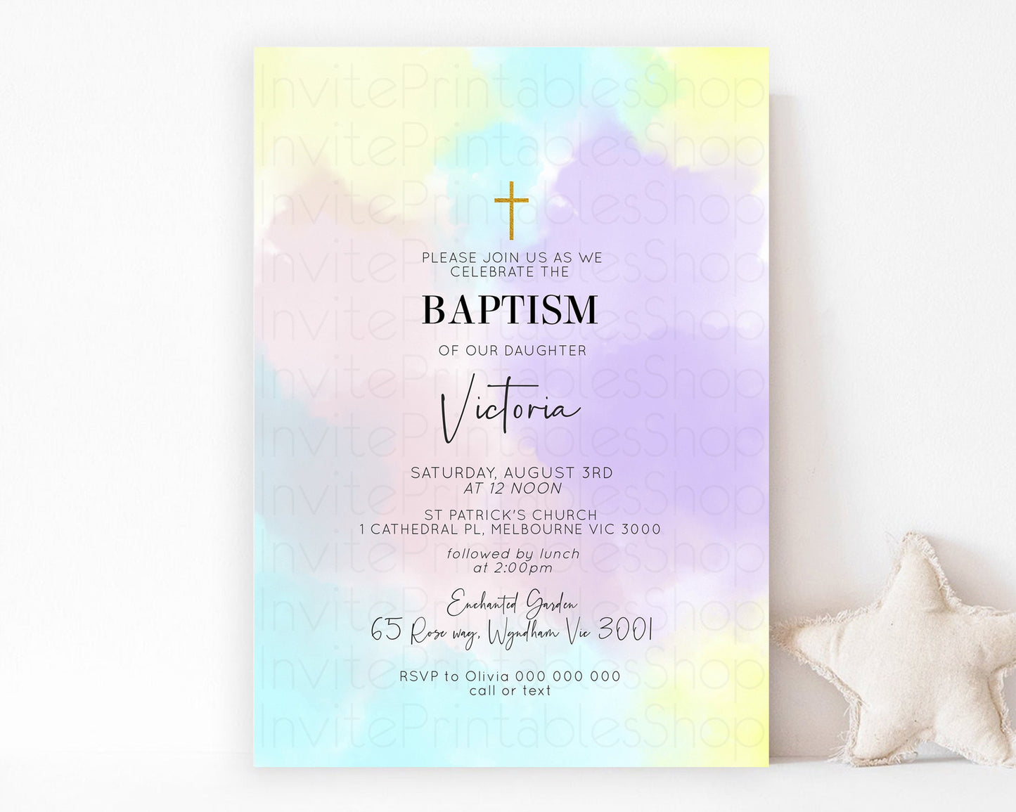 Pastel Baptism Invitation Rainbow Christening Invitation Holy Communion Invite Baptism 1st Birthday Sprinkles Ombre Watercolor Splash 595