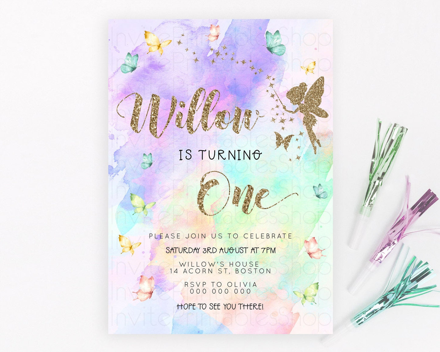 Pastel Fairy Birthday Invitation Pastel Butterflies Fairy Birthday Invitation Rainbow Ombre Watercolor 1st 2nd Birthday Invitation D23344
