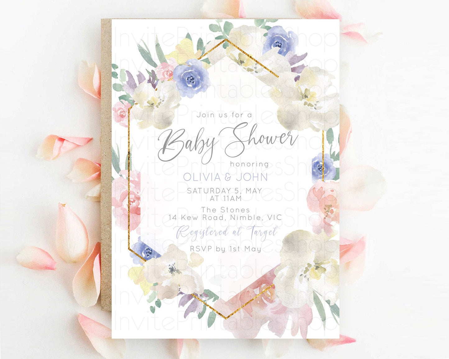 Wildflower Baby Shower Invitation, Enchanted Garden, Secret Garden, Pastel Flowers, Soft Pink, Blue White Floral, Blooms, Botanical D10254